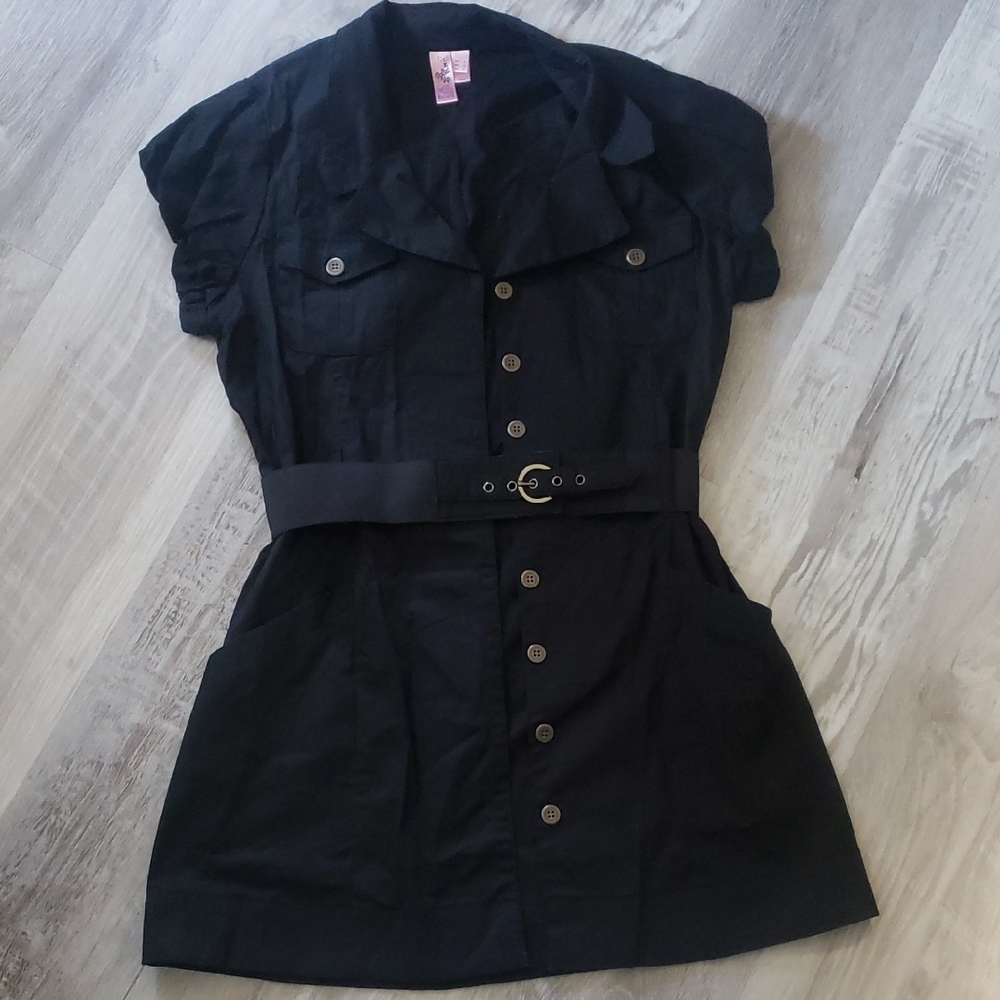 Black Dolled Up Button-Up Dress Top with Belt